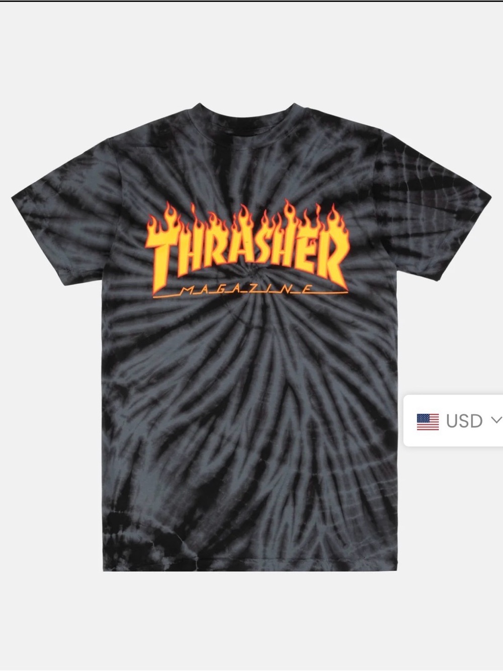 Thrasher Black Tie-Dye Tee with Orange Flame Logo